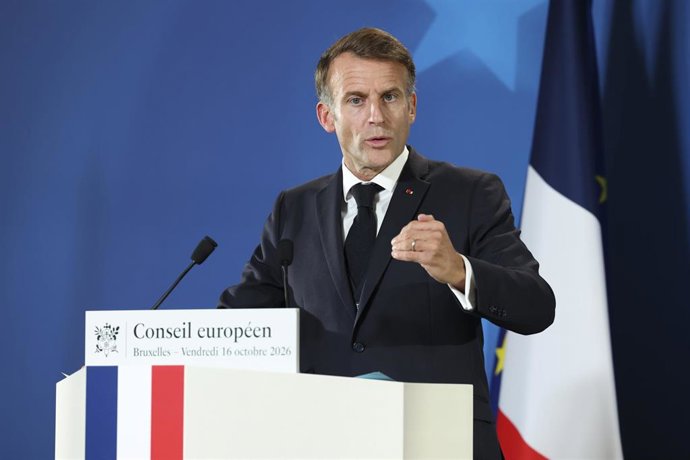 El presidente de Francia, Emmanuel Macron, durante una rueda de prensa al término del Consejo Europeo celebrado en Bruselas