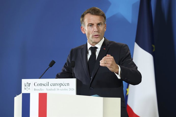 O presidente da França, Emmanuel Macron, durante uma coletiva de imprensa ao final do Conselho Europeu realizado em Bruxelas