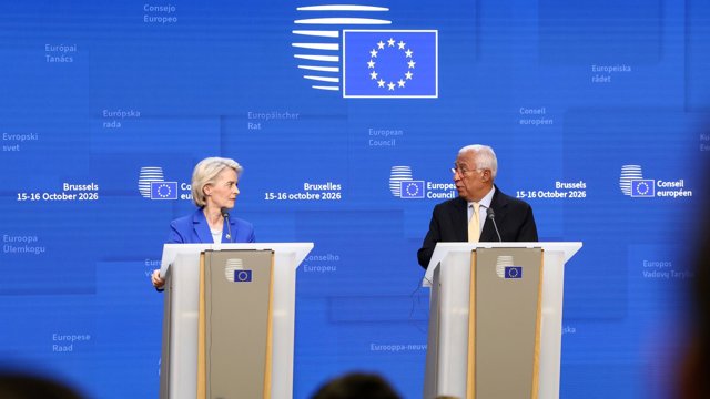 La presidenta de la Comisión Europea, Ursula von der Leyen, y el presidente del Consejo Europeo, António Costa, en una rueda de prensa al término del Consejo Europeo celebrado este jueves y viernes en Bruselas