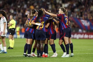 Ewa Pajor of FC Barcelona celebrates after scoring her team's sixth goal with teammates during the Spanish Women league, Liga F, football match played between FC Barcelona and Real Madrid CF at Spotify Camp Nou Stadium on October 04, 2026 in Barcelona, Sp