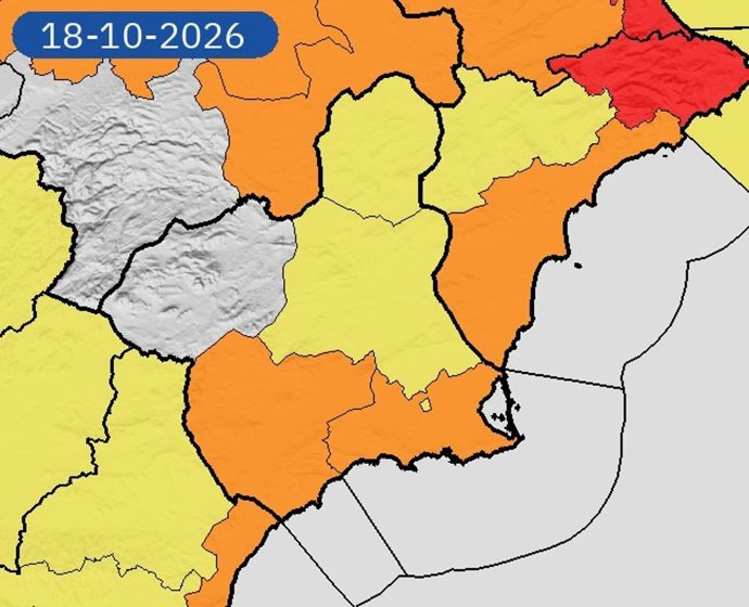 Los avisos afectarán a Valle del Guadalentín, Lorca y Águilas y Campo de Cartagena y Mazarrón, con un intervalo de nivel amarillo por lluvias entre las 10:00 y las 21:00 horas.