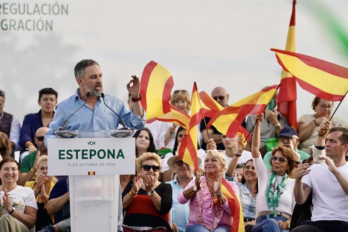 Imagen del líder de Vox, Santiago Abascal, en un acto de precampaña. A 11 de octubre de 2026 en Estepona (Málaga, Andalucía, España)