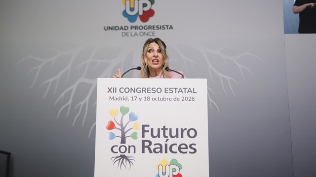 La vicepresidenta segunda y ministra de Trabajo, Yolanda Díaz, durante el XII Congreso Estatal de Unidad Progresista de La ONCE, en la Universidad Francisco de Vitoria, a 17 de octubre de 2026, en Pozuelo de Alarcón, Madrid (España).