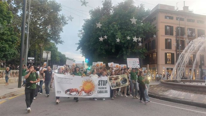 Pancarta de cabecera de la manifestación para pedir el fin de las calesas de caballos en Palma.