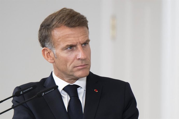 September 30, 2026, Madrid, Spain: President of the French Republic Emmanuel Macron meets with Spanish Prime Minister Pedro Sánchez (not in view) during a joint press conference at the Moncloa Palace in Madrid.