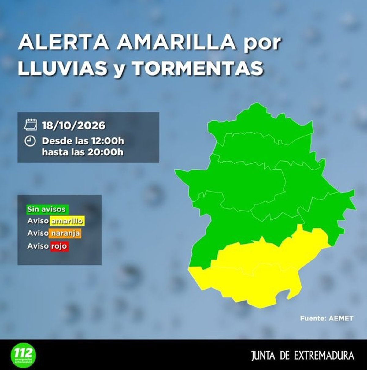 El sur de la provincia de Badajoz y las zonas de Barros y Serena, en alerta amarilla por lluvias y tormenta este domingo