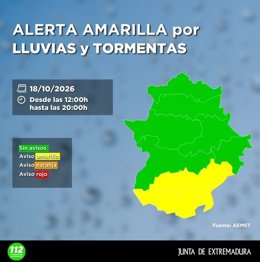 Zonas de la provincia de Badajoz en alerta amarilla por lluvias y tormentas el 18 de octubre
