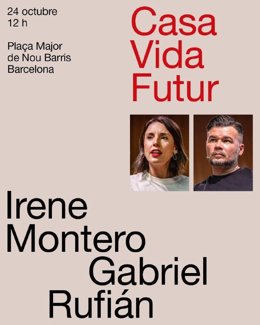 Cartel promocional del acto del próximo día 24 en Barcelona entre el cabeza de lista de ERC al 29N, Gabriel Rufián, y la candidata de Podemos a las elecciones generales, Irene Montero.