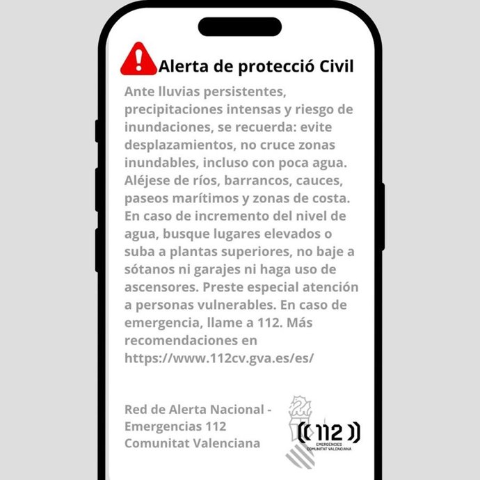 Nuevo ES-Alert a los móviles del litoral norte de Alicante y litoral sur de Valencia por lluvias intensas