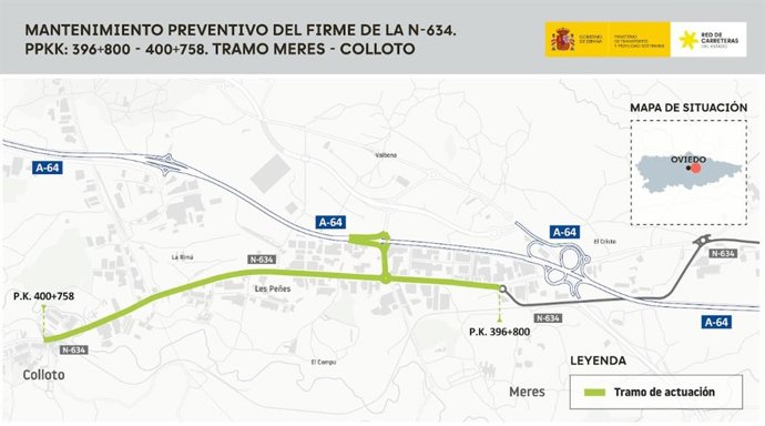 Plano de las obras de rehabilitación del firme en la N-634 y la A-64, entre Meres y Colloto.