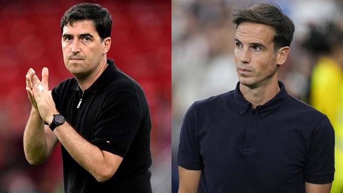 Los entrenadores, de izquierda a derecha, Andoni Iraola (Liverpool FC) e Íñigo Pérez (Villarreal CF).