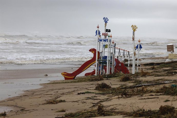 Riba de la platja plena de rastres de branques i altres coses arrossegades per la pluja, a 19 d'octubre del 2026, a Guardamar de la Safor, València