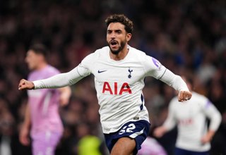 19 October 2026, United Kingdom, London: Tottenham Hotspur's Omar Marmoush celebrates scoring his side's second goal during the English Premier League soccer match between Tottenham Hotspur and Coventry City at the Tottenham Hotspur Stadium. Photo: John W
