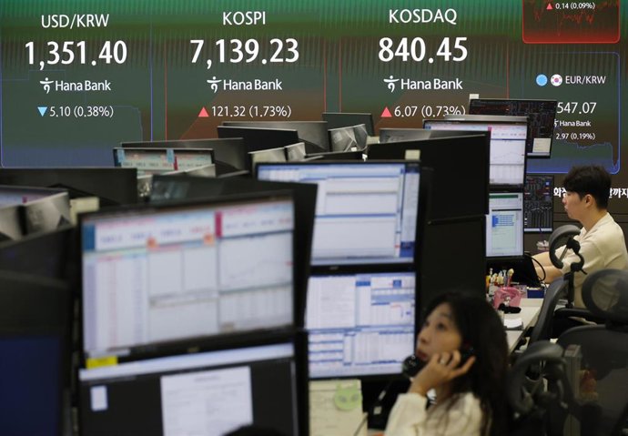 23 September 2026, South Korea, Seoul: A financial data screen in the dealing room of Hana Bank, shows the benchmark Korea Composite Stock Price Index having gained 1.73 percent from the previous session to an intraday high of 7,139.23 in early trading. S