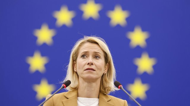 La Alta Representante de la Unión Europea para Política Exterior, Kaja Kallas, durante su intervención en el pleno del Parlamento Europeo, reunido en Estrasburgo (Francia), en un debate sobre la escalada de ataques rusos en el mar Negro.