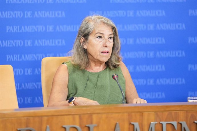 La portavoz adjunta del Grupo Parlamentario Adelante Andalucía, María del Carmen García, durante la ronda de ruedas de prensa de portavoces de los grupos parlamentarios en el Parlamento de Andalucía. 