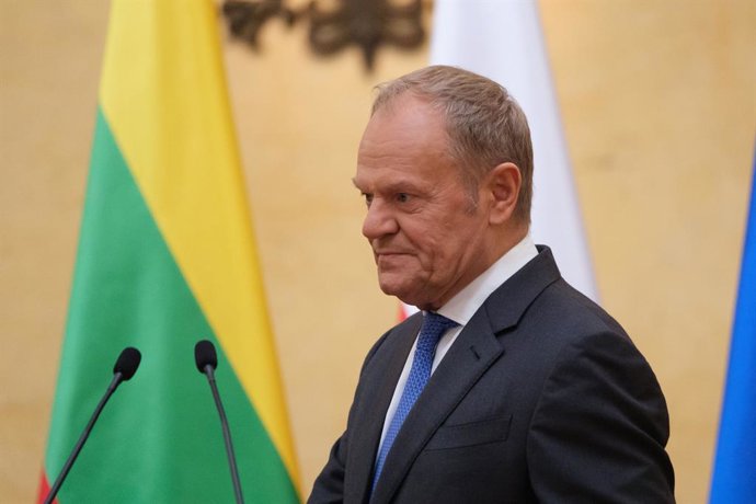 October 13, 2026, Warsaw, Masovian Voivodeship, Poland: DONALD TUSK, Prime Minister of Poland, arrives to a press briefing during a meeting with his Lithuanian counterpart at the Chancellery of the Prime Minister of Poland in Warsaw.