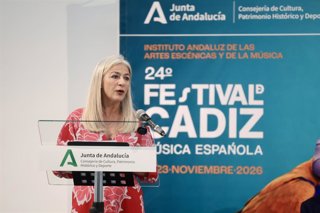 La consejera de Cultura y Deporte, Patricia del Pozo, interviene en el acto de presentación del Festival de Música Española de la capital gaditana. A 20 de octubre de 2026, en Cádiz (Andalucía, España).