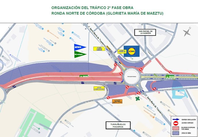 Situación del tráfico en el tramo de la Ronda de Poniente (A-3050) que se desviará a partir de principios de noviembre por el ramal construido con motivo de las obras de la primera fase de la Ronda Norte de Córdoba.