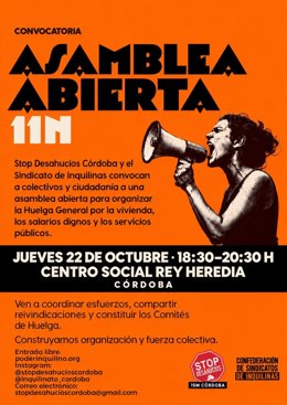 Cartel de la asamblea convocada para impulsar la creación del Sindicato de Inquilinas de Córdoba.