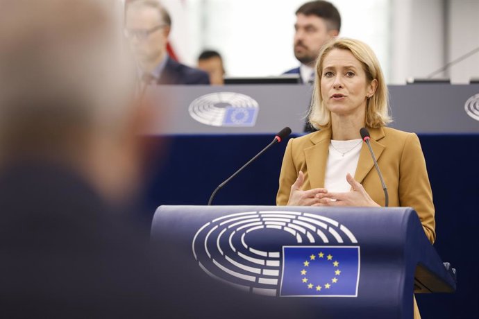 A Alta Representante da União Europeia para a Política Externa, Kaja Kallas, durante sua intervenção na sessão plenária do Parlamento Europeu, reunido em Estrasburgo (França), em um debate sobre a escalada dos ataques russos no Mar Negro.