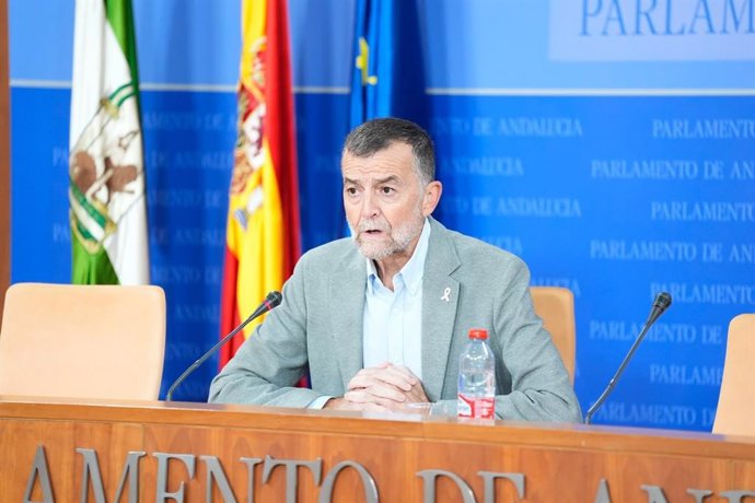 El coordinador federal de IU, Antonio Maíllo, en rueda de prensa en el Parlamento andaluz.