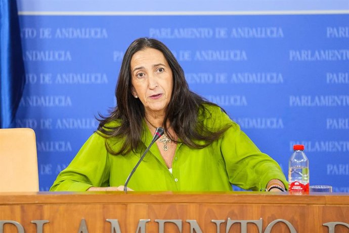 La portavoz adjunta del Grupo Parlamentario VOX, Paula Badanelli, durante la ronda de ruedas de prensa de portavoces de los grupos parlamentarios en el Parlamento de Andalucía. 