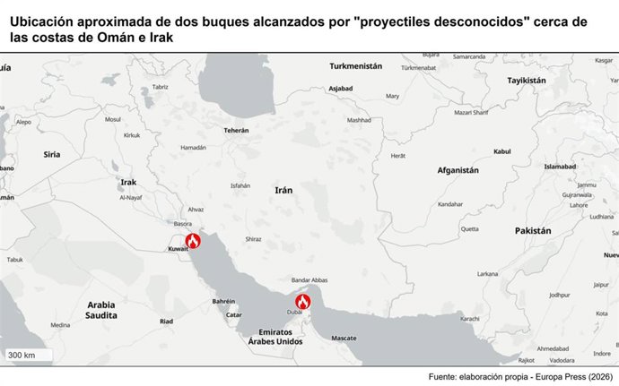 Ubicación aproximada de dos buques alcanzados por "proyectiles desconocidos" cerca de las costas de Omán e Irak
