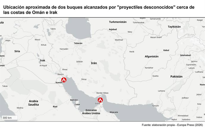 Localização aproximada de dois navios atingidos por “projéteis desconhecidos” perto das costas de Omã e do Iraque