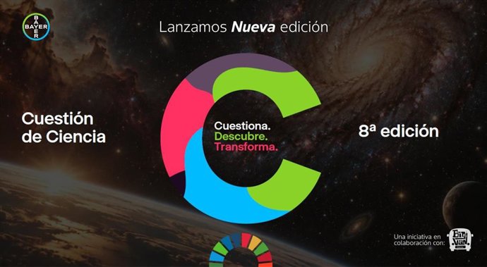 Cartel de la 8 edición de la iniciativa de Bayer en colaboración con Big Van Ciencia 'Cuestión de Ciencia, ¿te atreves a desafiar el futuro'