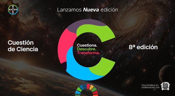 Cartaz da 8ª edição da iniciativa da Bayer em parceria com a Big Van Ciencia: “Questão de Ciência: você tem coragem de desafiar o futuro?”