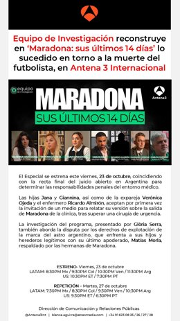 Antena 3 Internacional estrena el especial de Equipo de Investigación 'Maradona: sus últimos 14 días'