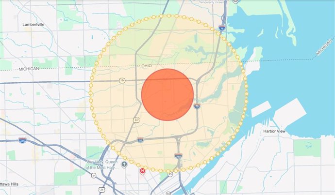 Diagrama de evacuación por incidente con fuga de gas tóxico en Toledo (Ohio), a 21 de octubre de 2026