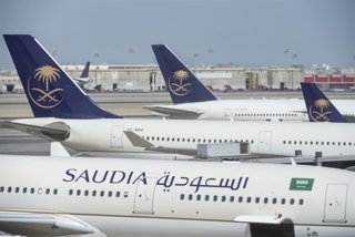 May 12, 2022, Jeddah, Saudi Arabia: Flag carrier of Saudi Arabia, Saudi airline, planes are seen at the Jeddah (Yidda) international airport runway.