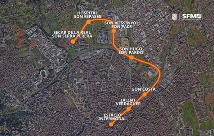 Plano de la futura línea de metro entre Palma y Son Espases.