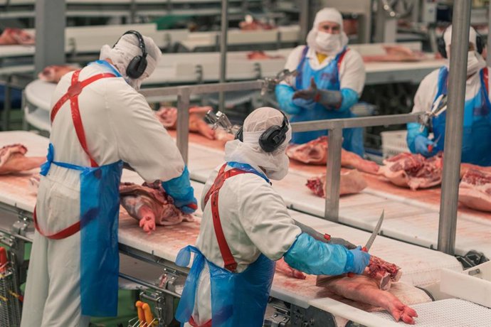 Archivo - Trabajadores de una empresa de productos cárnicos 