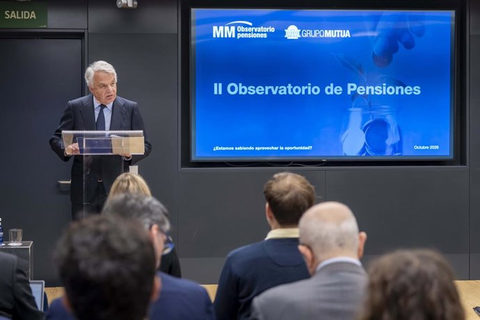 El presidente del Grupo Mutua Madrileña, Ignacio Garralda, durante la presentación del 'II Observatorio de Pensiones Grupo Mutua', a 22 de octubre de 2026.