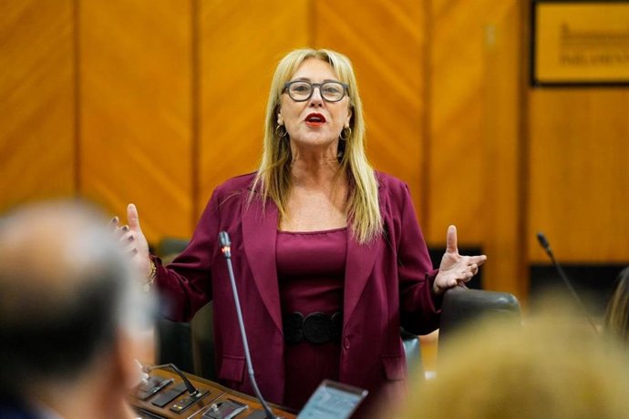 La vicepresidenta tercera y consejera de Economía, Hacienda y Fondos Europeos en la Junta de Andalucía, Carolina España, en sesión plenaria en el Parlamento de Andalucía.