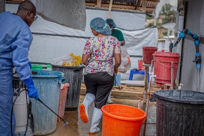 KINSHASA, Oct. 21, 2026  -- Medical workers carry out disinfection work at an Ebola treatment center in Bunia, capital of Ituri Province in the Democratic Republic of the Congo (DRC), on Oct. 18, 2026.   The Africa Centers for Disease Control and Preventi