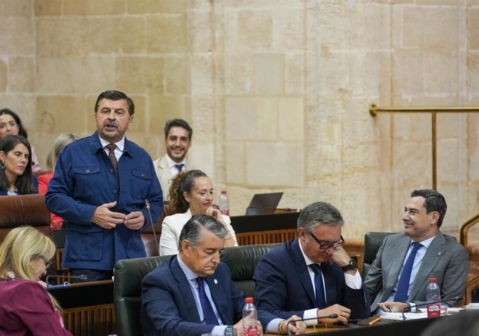 El portavoz del Grupo Parlamentario Popular, Toni Martín, interviene en la sesión de control al Gobierno en el Parlamento andaluz. 