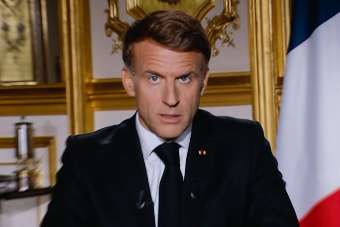 October 18, 2026, Paris, France, France: This photograph shows a television monitor broadcasting France s President Emmanuel Macron giving a speech from the Elysee Presidential Palace the day after riots and looting on the sidelines of nationwide protests