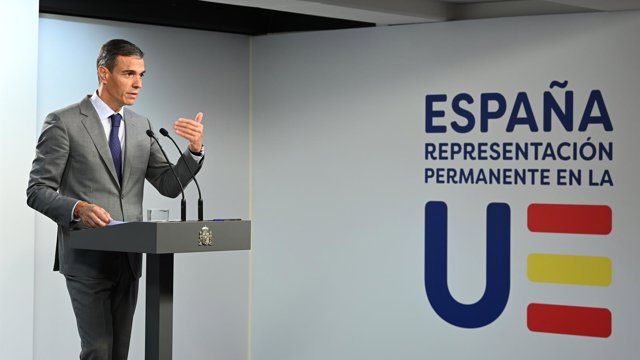 El presidente del Gobierno, Pedro Sánchez, comparece tras la segunda jornada de la reunión del Consejo Europeo, a 16 de octubre de 2026, en Bruselas (Bélgica)
