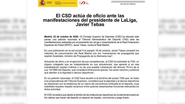 CSD solicita al TAD si considera infracción grave las declaraciones de Tebas sob