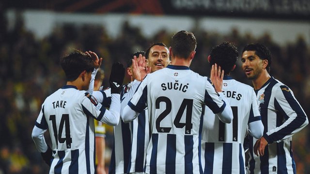 Los jugadores de la Real Sociedad celebran un gol en el triunfo contra el Lillestrom (0-6) en la tercera jornada de la Liga Europa 2026/27