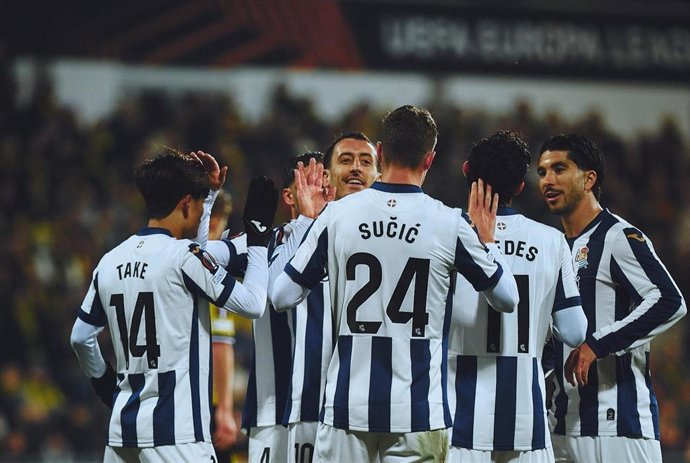 Los jugadores de la Real Sociedad celebran un gol en el triunfo contra el Lillestrom (0-6) en la tercera jornada de la Liga Europa 2026/27