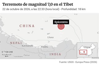 Mapa con localización del terremoto en el Tibet (China). Al menos 16 muertos, 65 heridos y casi 12.500 evacuados tras un terremoto de magnitud 7 en Tíbet (China)   Las autoridades de la región autónoma china de Tíbet han elevado este viernes a 65 los heri