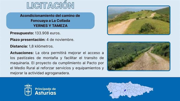 Obras de mejora del camino de Foncuaya a La Collada, en Yernes y Tameza.