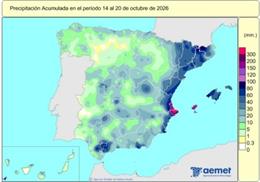 España registra 51 l/m2 de lluvias acumuladas desde el inicio de octubre, un 9% más de lo habitual.