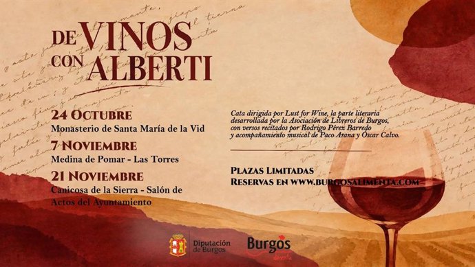 Cartel de las catas que maridan poesía, Burgos Alimenta y vino y que versan sobre la figura de Alberti.