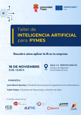 Cartel del taller sobre IA para pymes y emprendedores que se celebrará el próximo 18 de noviembre en el CRAI-TIC de la Universidad de León.